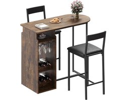 Moderne ruimtebesparende 3-delige bartafel en stoelset voor 2 personen – eettafel met drielaags wijnrek en glas houder, fluwelen zittingen – vintage bruin en wit marmerdesign – ideaal voor keuken, eetkamer en thuisbar