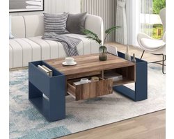 Moderne Salontafel - Industrieel Design - Met Lade en Opbergvakken - Houtlook & Blauw - 111x60x40 cm