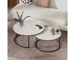 Moderne Salontafel Marmerlook - Set van 2 - Marmer-Metaal - Salontafel Set - Bijzettafel - Koffietafel - Zwart / Wit - 70 en 60 cm
