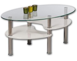 Moderne Salontafel met Glazen Tafelblad en Opbergruimte - Wit/Eiken Look