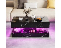 Moderne salontafel met hoogglans marmerprint, RGB LED-verlichting, 2 uittrekbare laden en open opbergruimte, woonkamer koffietafel 100x50x45 cm, zwart