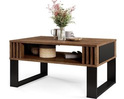 Moderne Salontafel met Houten Lamellen – Rechthoekige Tafel met Opbergplank in Eigentijds Design