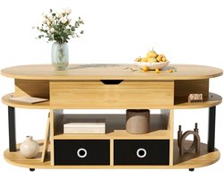Moderne Salontafel met Houtlook - Verstelbare Hoogte - Opbergruimte en Zwarte Stofladen - Multifunctioneel - Hout - Bruin