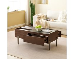 Moderne salontafel met lade en glazen blad - donkerhouten ontwerp - houtnerf met marmerpatroon - ruime opslag voor de woonkamer