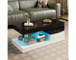 Moderne salontafel met led-sfeerverlichting, app- en bluetoothbediening, glazen legplank en hoogglansafwerking, zwart-witontwerp voor de woonkamer, 90 x 45 x 35,5 cm
