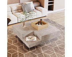 Moderne Salontafel met Opbergruimte en Uitneembare Houten Kist - Betongrijs & Houtkleur