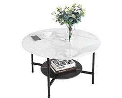Moderne Salontafel Rond 80 cm - 2-laags Gesinterde Steen met Hoogglans Tafelblad en Mat Zwart Frame