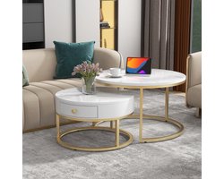 Moderne salontafel set van 2 voor woonkamer balkon kantoor - ronde hout accent salontafels met lade- Goud stevig metalen frame - eenvoudige montage - marmer white70cm en& 50cm