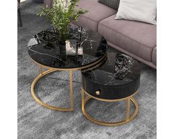 Moderne salontafel set van 2 voor woonkamer balkon kantoor - ronde hout accent salontafels met lade- Goud stevig metalen frame - eenvoudige montage - marmer zwart 70cm en& 50cm