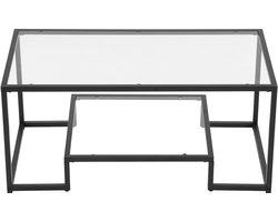 Moderne salontafel van gehard glas, rechthoekige tafel met twee niveaus en open opbergruimte, minimalistisch metalen frameontwerp voor woonkamer of kantoor, eenvoudige montage
