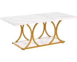 Moderne salontafel van imitatiemarmer, grote rechthoekige tafel met twee niveaus en geometrische metalen poten, minimalistisch ontwerp voor de woonkamer of kantoor, eenvoudig te monteren, wit