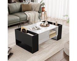 Moderne salontafel - Zwart-wit design - Hoogglans oppervlak - Lade & 4 open vakken - Woonkamertafel - 105x60x40,5 cm
