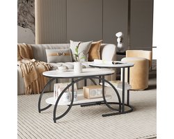 Moderne salontafels, set van twee salontafels met 2-laagse planken, tafelblad met marmerpatroon en stevige metalen onderstellen, woonkamermeubels