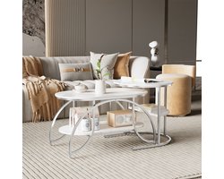 Moderne salontafels, set van twee salontafels met 2-laagse planken, tafelblad met marmerpatroon en stevige metalen onderstellen, woonkamermeubels