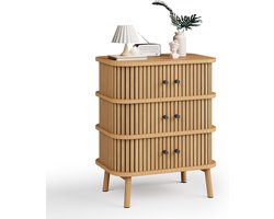 Moderne Scandinavische Commode met 3 Schuifdeuren - Luxe Nachtkastje met Bamboe Look - Bijzettafel in Natuurlijk Hout - Boho Dressoir voor Slaapkamer & Woonkamer