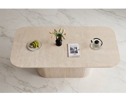 Moderne Scandinavische Rechthoekige Eettafel 160x90 cm – Design Keukentafel van HDF/MDF met Romeinse Zuilen Poten – Geschikt voor 4 tot 8 Personen – Kras- en Waterbestendig – Gele Houtnerf Look – Novihomestore