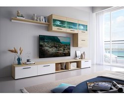 Moderne Scandinavische Woonkamermeubels met LED Verlichting - Set Dressoir en TV-kast in Eiken en Wit