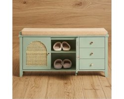 Moderne Schoenenbank met Opberglades en Zitkussen – Halbank met 3 Lades, Ventilerend Rattan Design, Verstelbare Planken, MDF Schoenenkast 100x34x46 cm – Groen,Ganeey