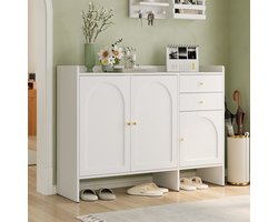 Moderne schoenenkast met 3 deuren en 2 lades - B120 x H90 x D35 cm wit - metalen grepen, gebogen deuren, kantelbeveiliging - veel opbergruimte, stevige PB-constructie voor hal en gang