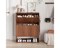 Moderne Schoenenkast Walnoot - Smal Schoenenrek met 2 Klepdeuren en Open Vak - Geribbeld Design - Ruimtebesparend - 80 x 30 x 102 cm - Voor Hal & Entree