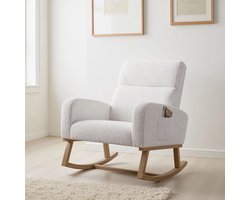 Moderne Schommelstoel van Bouclé Stof - Fauteuil met Hoge Rugleuning en Opbergvakken - Scandinavisch Design - Crème Wit