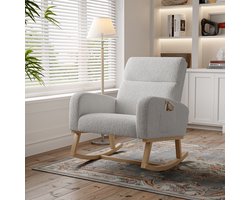 Moderne Schommelstoel van Grijze Bouclé Stof - Fauteuil met Hoge Rugleuning en Opbergvakken - Scandinavisch Design