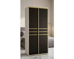 Moderne Schuifdeur Kledingkast 100 cm – 235,2 cm Hoog – Wit/Zwart met Gouden Details – Luxe Slaapkamer Garderobekast met Hangroede & Planken – Davos Design – medahomestore