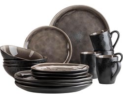 Moderne serviesset voor 4 personen - 16-delig - spannende vintage look - zwart en bruin aardewerk