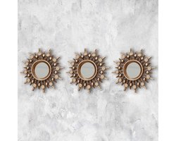 Moderne set van 3 ronde zonnestralen spiegels - vintage shabby chic stijl - middeleeuwse gouden stalen wandspiegels - decoratieve woonaccessoires - muurkunst spiegels voor slaapkamer.