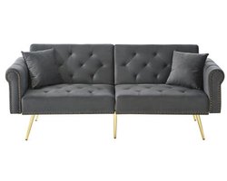 Moderne slaapbank voor 2 personen – fluwelen bekleding, in 3 standen verstelbare rugleuning en vergulde metalen poten. Stijlvolle bank met slaapfunctie.