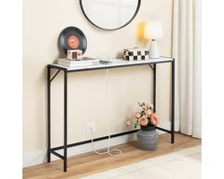 Moderne smalle consoletafel met stopcontacten en USB-poorten – haltafel van metaal en hout, bijzettafel achter de bank, wit en zwart – stijlvolle haltafel voor woonkamer, hal en slaapkamer HomeByNicole