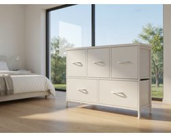 Moderne Stoffen Ladekast met 5 Lades – Ruime Commode met Stalen Frame – Opbergkast voor Slaapkamer, Woonkamer en Kinderkamer – Lichtgewicht Organizer 100 cm – Wit – Mobili Bella