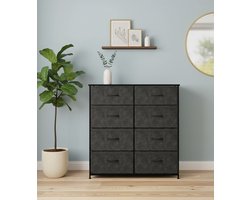 moderne stoffen opbergkast met 8 laden – medahomestore – zwarte en grijze commode, metalen frame, houten tafelblad, multifunctionele kast voor slaapkamer, woonkamer, hal, opbergmeubel voor kleding, accessoires en huishoudartikelen
