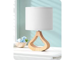 Moderne tafellamp met houten flesvormige voet en linnen lampenkap - 34 cm - E27 fitting - LED lamp - geschikt voor woonkamer en TV-kast - wit.