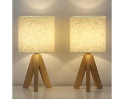 Moderne tafellamp met stoffen kap en houten frame, set van 2 voor slaapkamer en woonkamer
