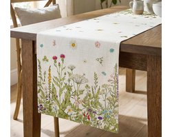 Moderne tafelloper met lentegrasmotief, 33 x 183 cm - linnenmix afwerking, Geschikt voor dressoirs, eettafels en woondecoratie; natuurlijke stijl Geschikt voor de decoratie van de tuintafel.