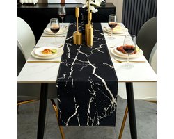 Moderne Tafelloper Zwart Wit & Goud Marmer Patroon - Linnen Tafelkleed voor Eettafel en Salontafel (40x140 cm)