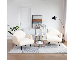 Moderne Teddy Fauteuil Lounge Stoel – Zachte Bouclé Leesstoel met Armleuningen en Zwarte Metalen Poten – Comfortabele Design Fauteuil voor Woonkamer, Slaapkamer of Balkon – Wit/Zwart – Meuble Paris