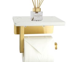 Moderne toiletpapierhouder met plank in gouden marmer en geborsteld roestvrij staal - Wandmontage voor badkamer en keuken