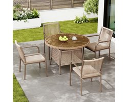 Moderne tuinmeubelset van rotan, ronde glazen tafel + 4 fauteuils, ijzeren frame, geschikt voor terras/balkon/terras, bruin