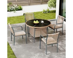 Moderne tuinmeubelset van rotan, ronde glazen tafel + 4 fauteuils, ijzeren frame, geschikt voor terras/balkon/terras, grijs