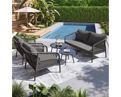 Moderne Tuinset met grijze touw loungeset, glazen tafelblad, inclusief kussens
