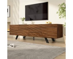 Moderne tv-kast met golvende voorkant – laag dressoir in walnoothouten look met zwarte ijzeren poten, veel opbergruimte, kabelbeheer en legplank – tv-meubel voor woonkamer, hal (160×39×50,5 cm)
