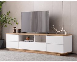 Moderne tv-kast -Midden-eeuwse moderne tv-standaard -Houten tv-console Mediakast met opbergruimte- Home Entertainment Center in wit en eiken voor woonkamer, slaapkamer en kantoor Hoogglans afwerking, houtnerf tv-kast -180 cm