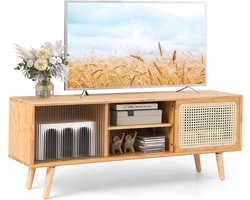 Moderne tv-kast van bamboe met rotan en glazen schuifdeuren - Verstelbare mediameubel voor tv's tot 55 inch