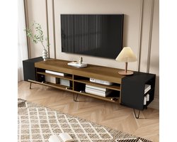 Moderne tv meubel 180x36x43cm - zwart en houtnerf - met open opbergruimte aan beide zijden