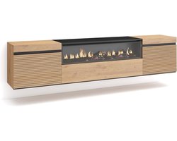 Moderne TV-Meubel met Elektrische Haard | Lowboard voor Woonkamer en Eetkamer | Geschikt voor TV's Tot 80" | Eiken en Zwart | 200x45x35cm