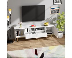 Moderne tv meubel met lade - met gouden poten en gouden omlijsting - wit