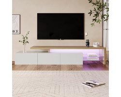 Moderne TV-meubel met LED, Glanzend televisiemeubel met glazen planken en 3 deuren, TV-kast 200 cm, voor Woonkamer, Slaapkamer, Wit