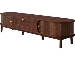 Moderne tv-standaard van massief hout met lades, klassieke afgeronde hoeken, stevige houten poten en opbergruimte voor de woonkamer.